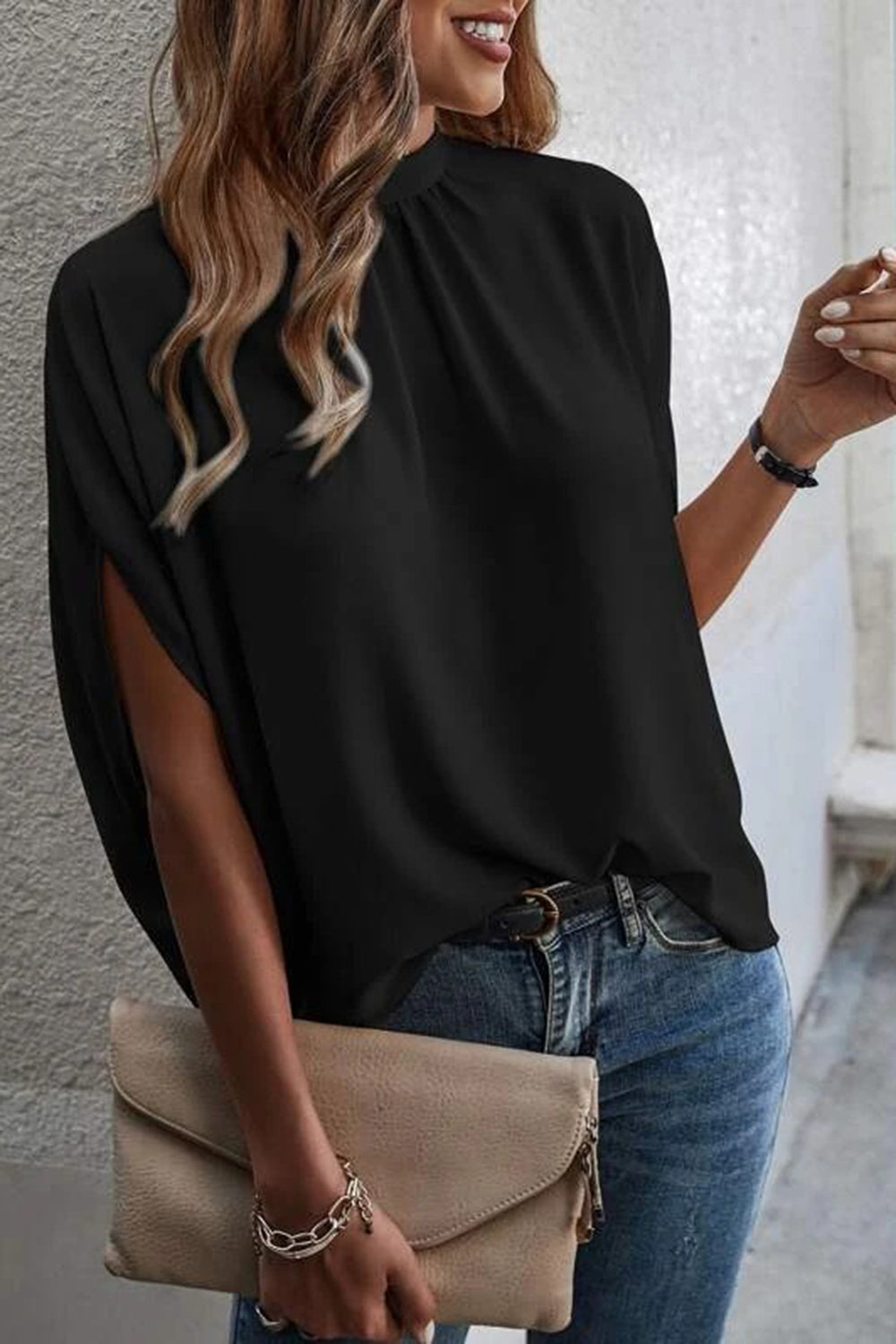 Classy Back-Tie Slit Half Sleeve Top