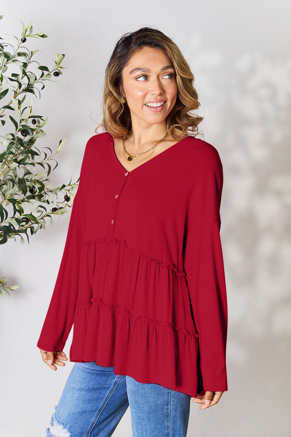 Comfy Ruffle Hem  Double Take Half Button Blouse & Long Sleeve
