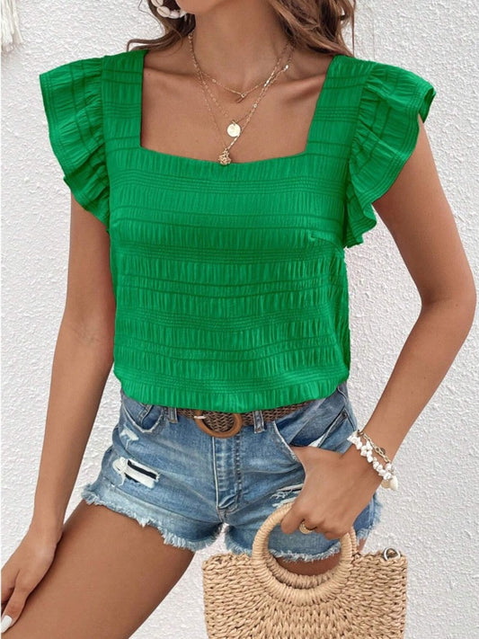 Ruffled Blouse with Square Neck & Cap Sleeve
