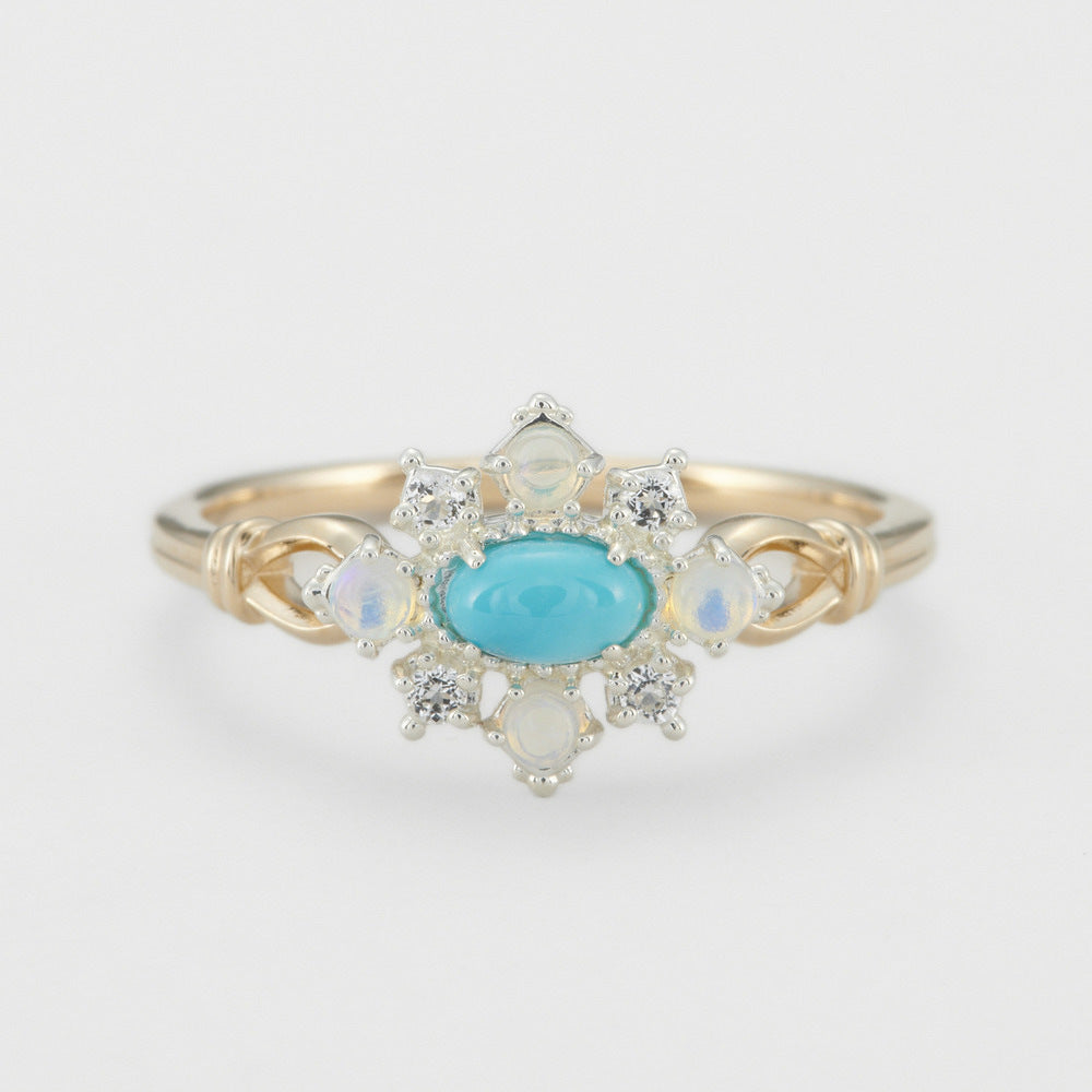 Flower Dome Turquoise Stone Surrounded By Opals Sterling Silver Ring.
