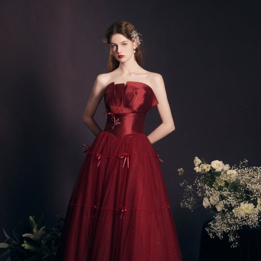 Gorgeous  Red Wine Beaded Tube Top Long Dress