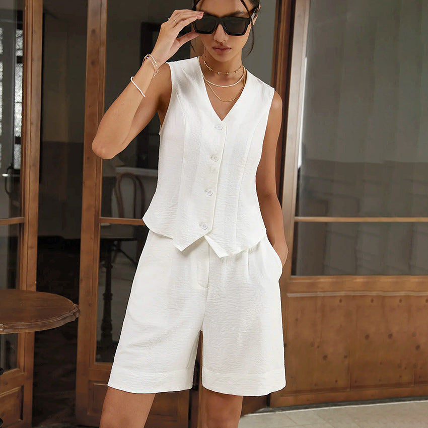 White Two-piece Set with White Sleeveless Vest & Short Shorts