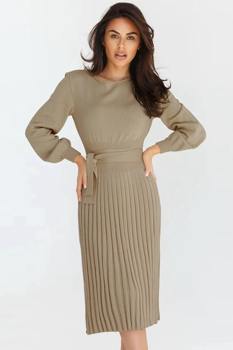 Round Neck Long Sleeve Pleated Midi Sweater Dress