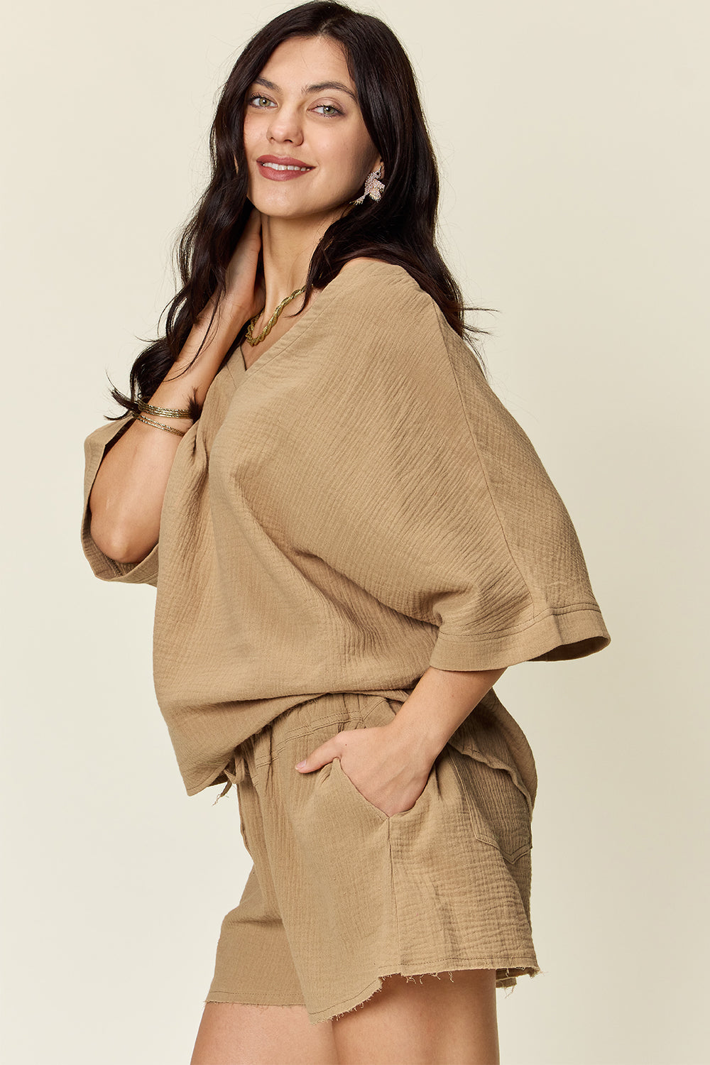 Double Take Texture T-Shirt and Drawstring Shorts Set