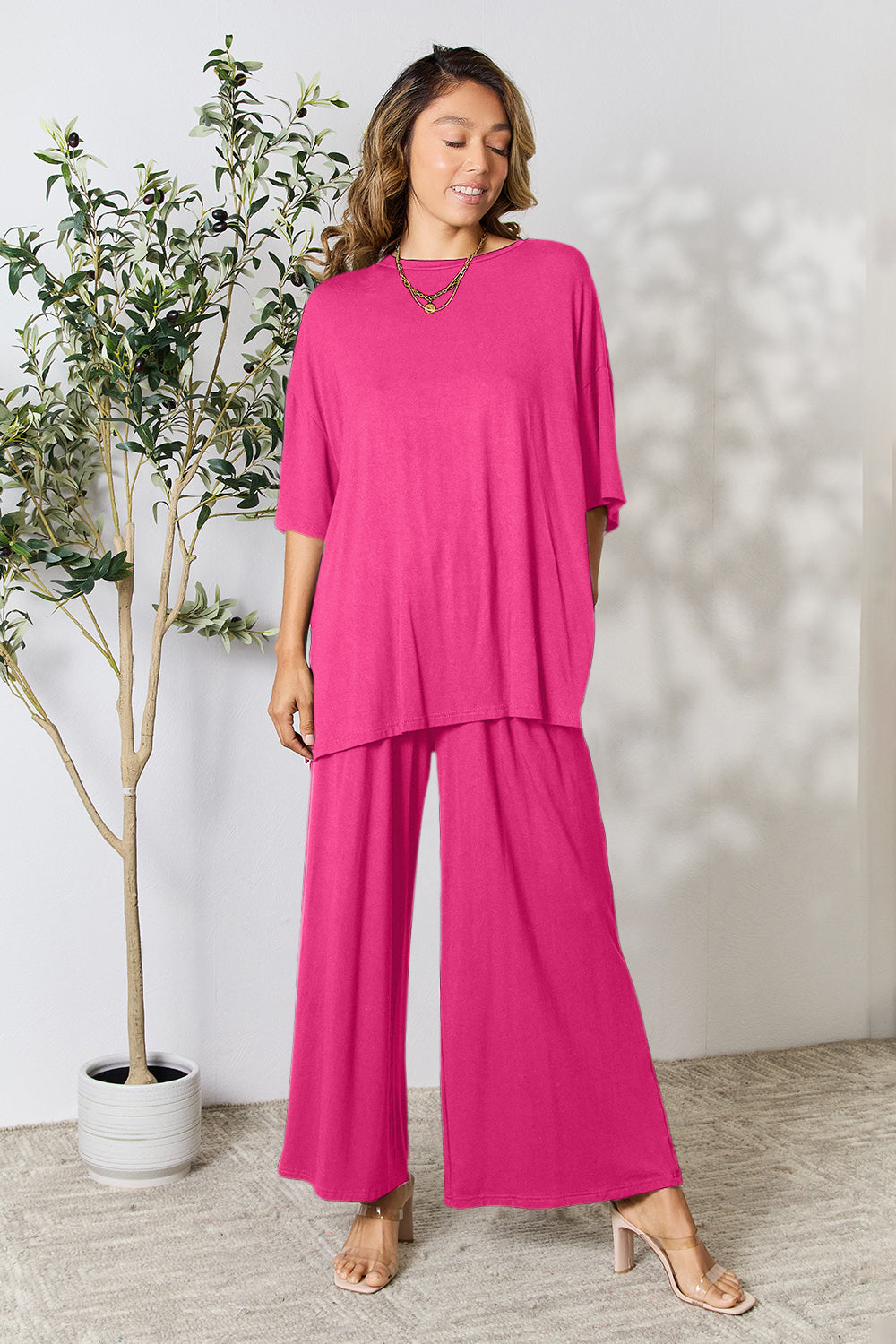 Trendy Duo Full Size Round Neck Slit Top and Pants Set