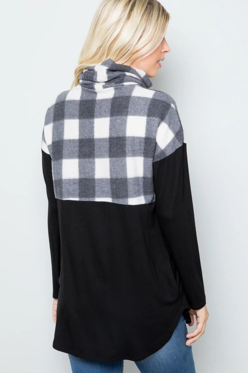 Black White Plaid Turtleneck Blouse with Pocketed & Long Sleeve