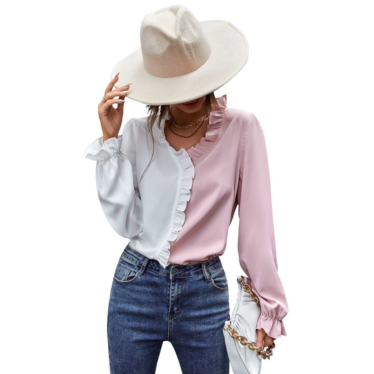 Two Tone  V-neck Ruffle Blouse with  Lotus leaf Sleeve