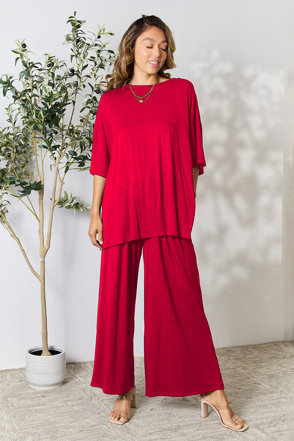 Trendy Duo Full Size Round Neck Slit Top and Pants Set