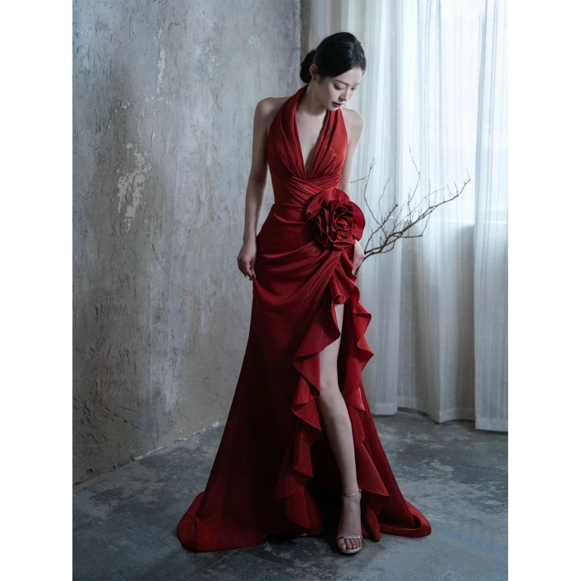 Silk Wine Red Elegant Halter  Dress