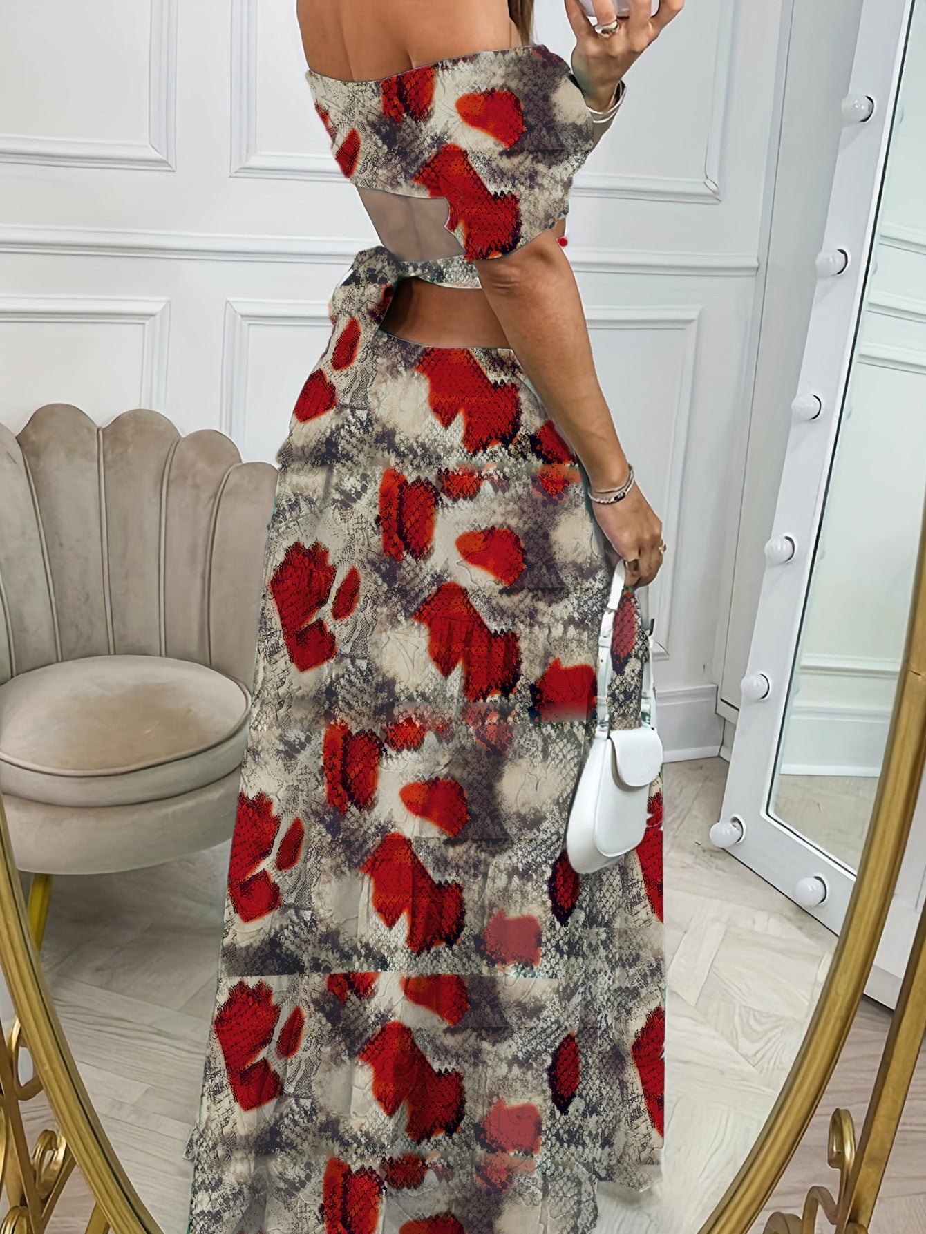 Floral Summer Ruffle Maxi Dress with Hollow Waist Design & Short-Sleeved