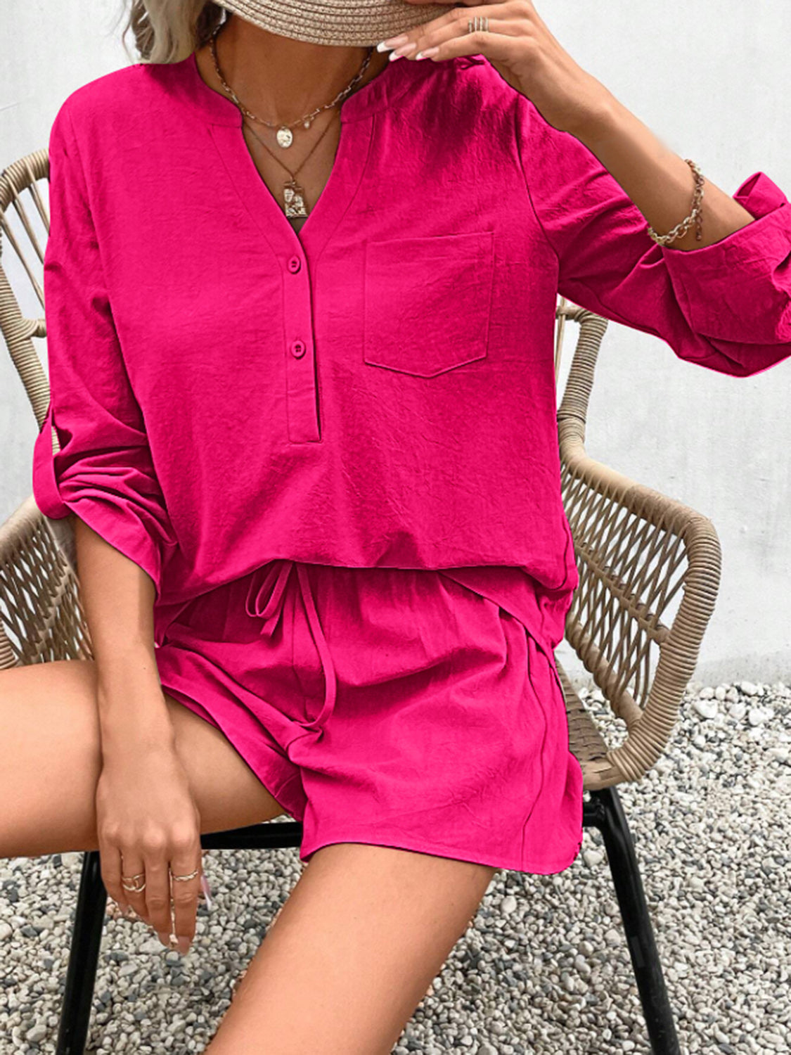 Buttoned Notched Long Sleeve Top and Shorts Set