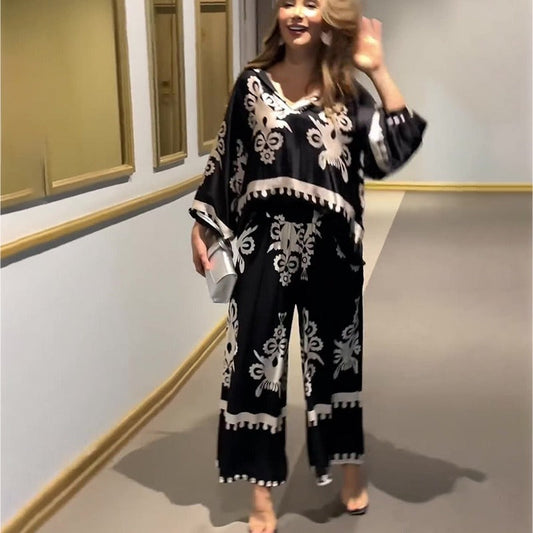 Irregular Pattern Print Long Sleeve Top And Trousers