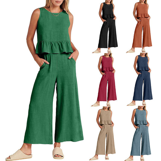 Summer Sleeveless Top Wide-leg Cropped Pants Two Piece Sets