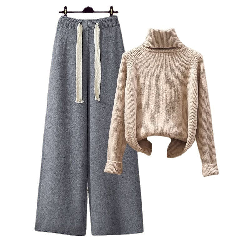 Thickened Knitting Wide-leg Pants with Turtleneck Sweater