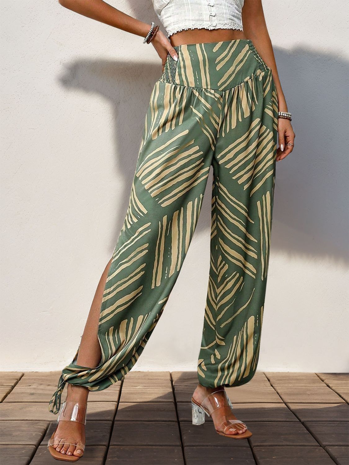 Moss Tied Smocked Slit Printed High Waist Pants
