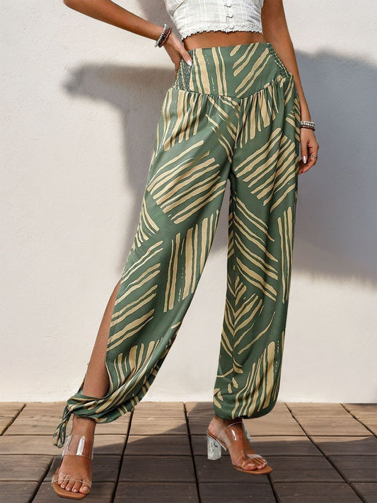 Moss Tied Smocked Slit Printed High Waist Pants