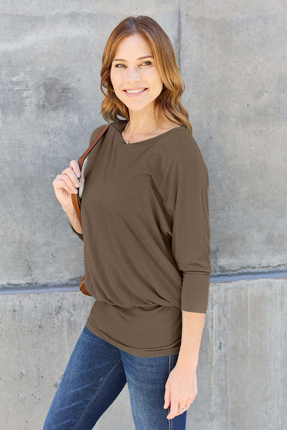 NuMi Basic Bae Full Size Round Neck Blouse & Batwing Sleeve