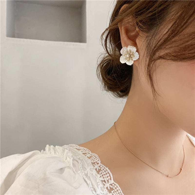 Handmade White Shell Flower Petal Earrings.