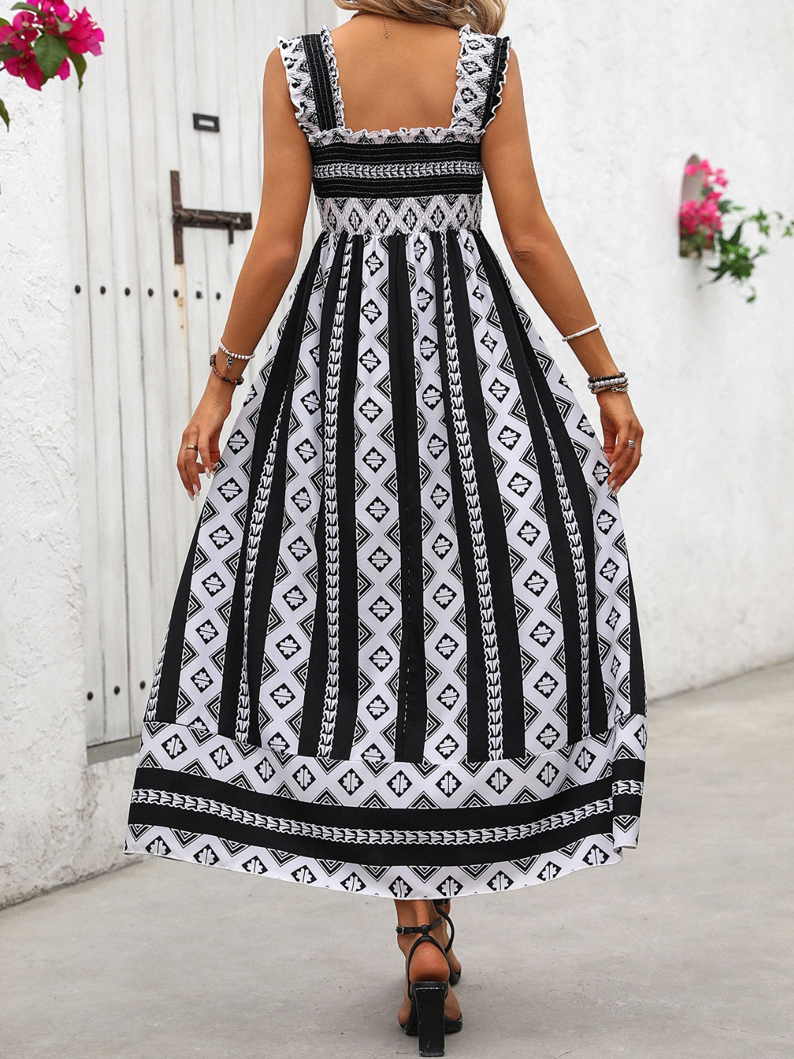 Black & White Wide Strap Printed Long Dress with Square Neck