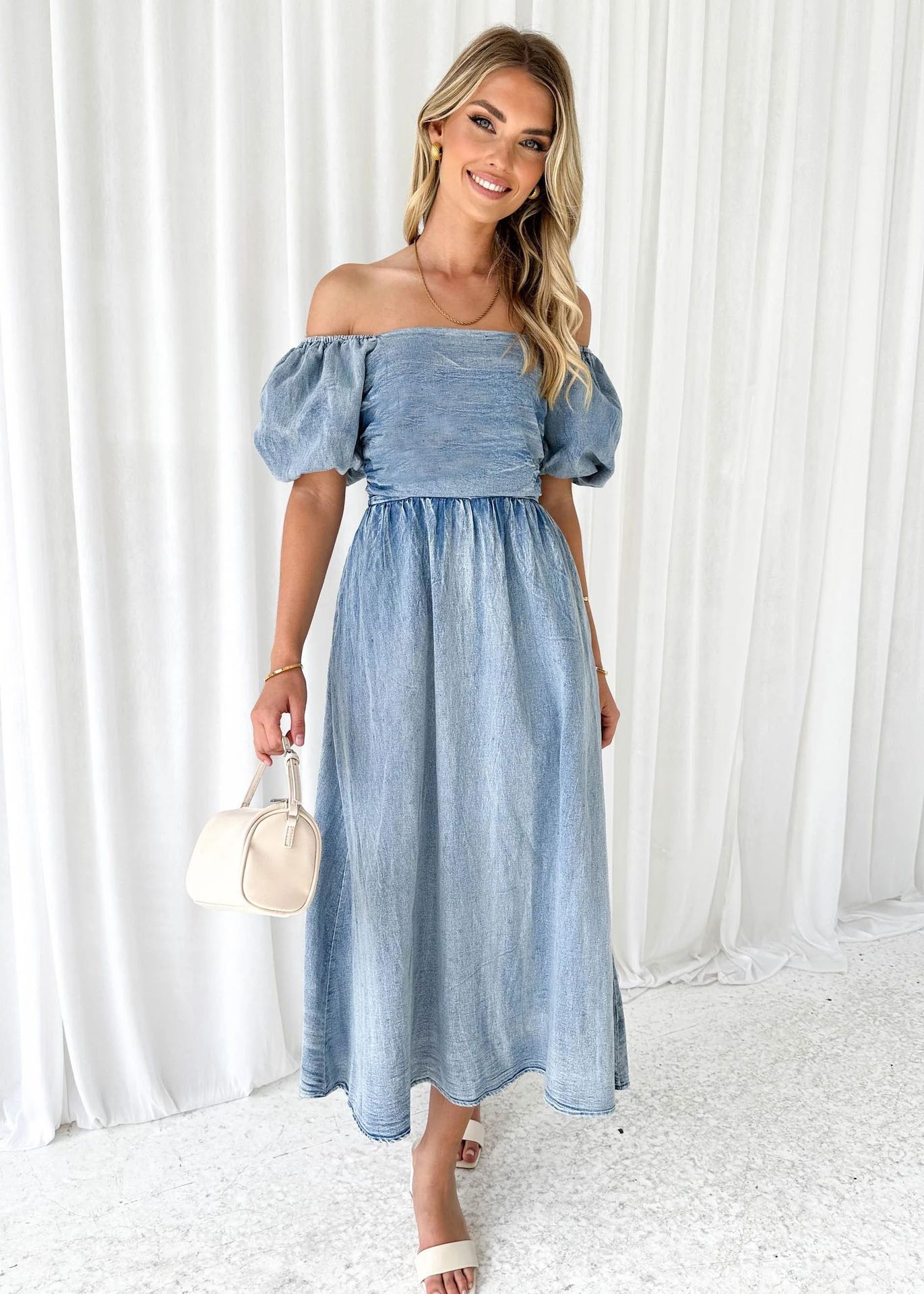 Denim Waist-tight Long Dress with Puff Sleeve