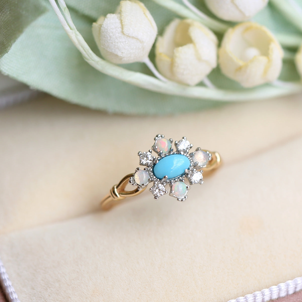 Flower Dome Turquoise Stone Surrounded By Opals Sterling Silver Ring.