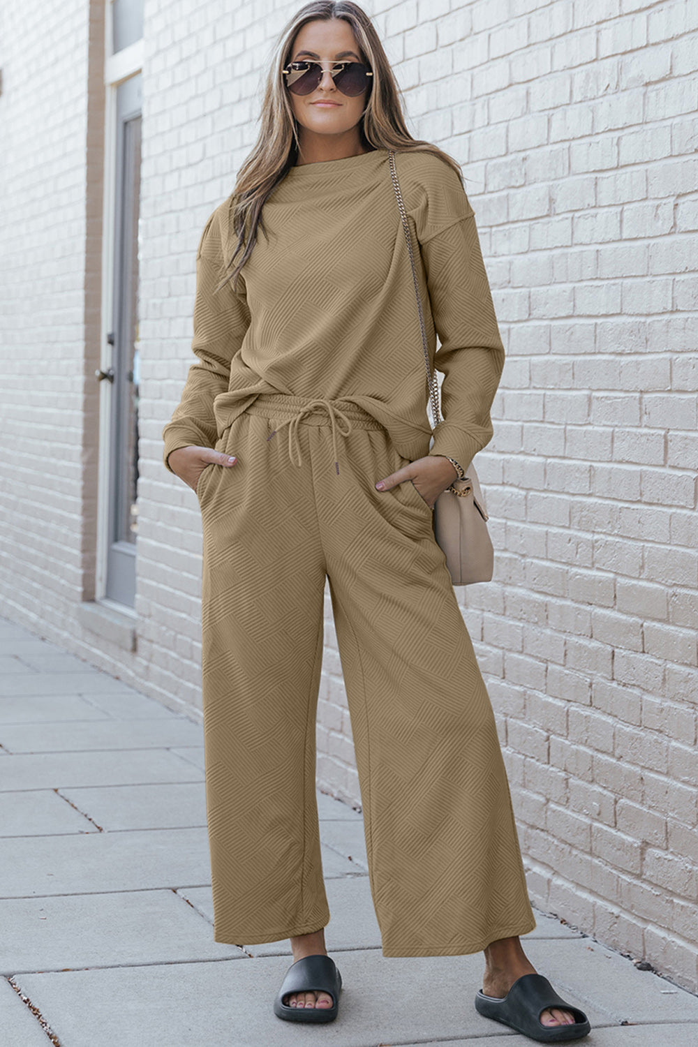 Luxe Loungewear Textured Long Sleeve Top and Drawstring Pants Set