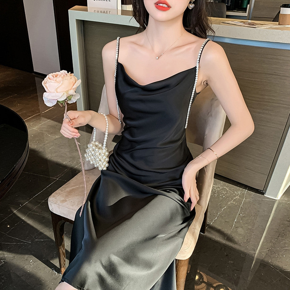 Ebony Silk Sleeveless Satin Slip Dress