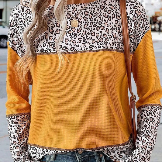Leopard Print Round Neck Waffle Top Sweater with Long Sleeves