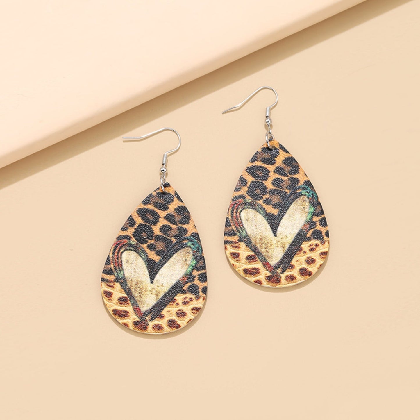 Faux Leather Boho Leopard Print & Heart Teardrop Hook Earrings.