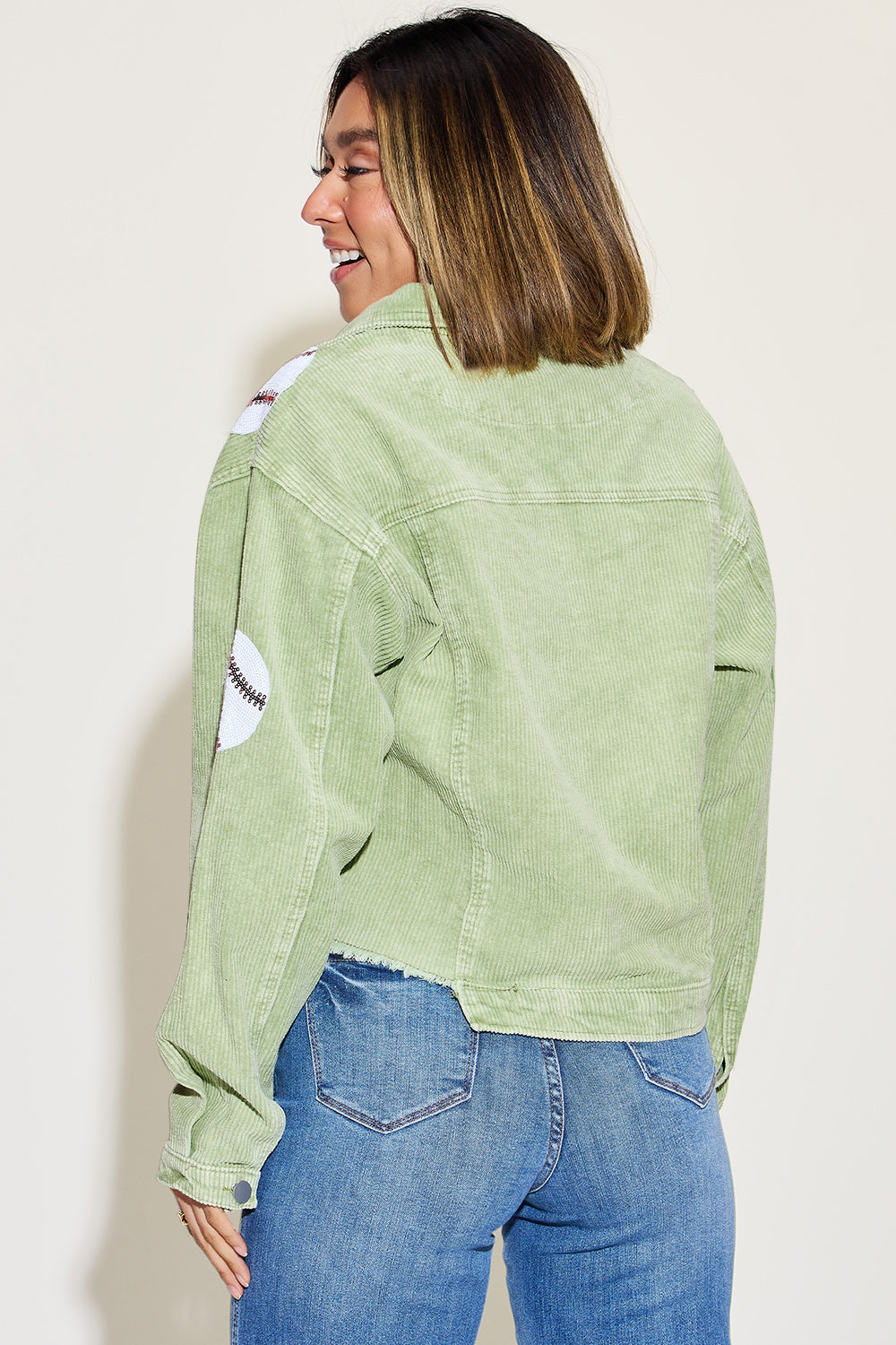 Home Run! Baseball Sequin Dropped Shoulder Raw Hem Jacket