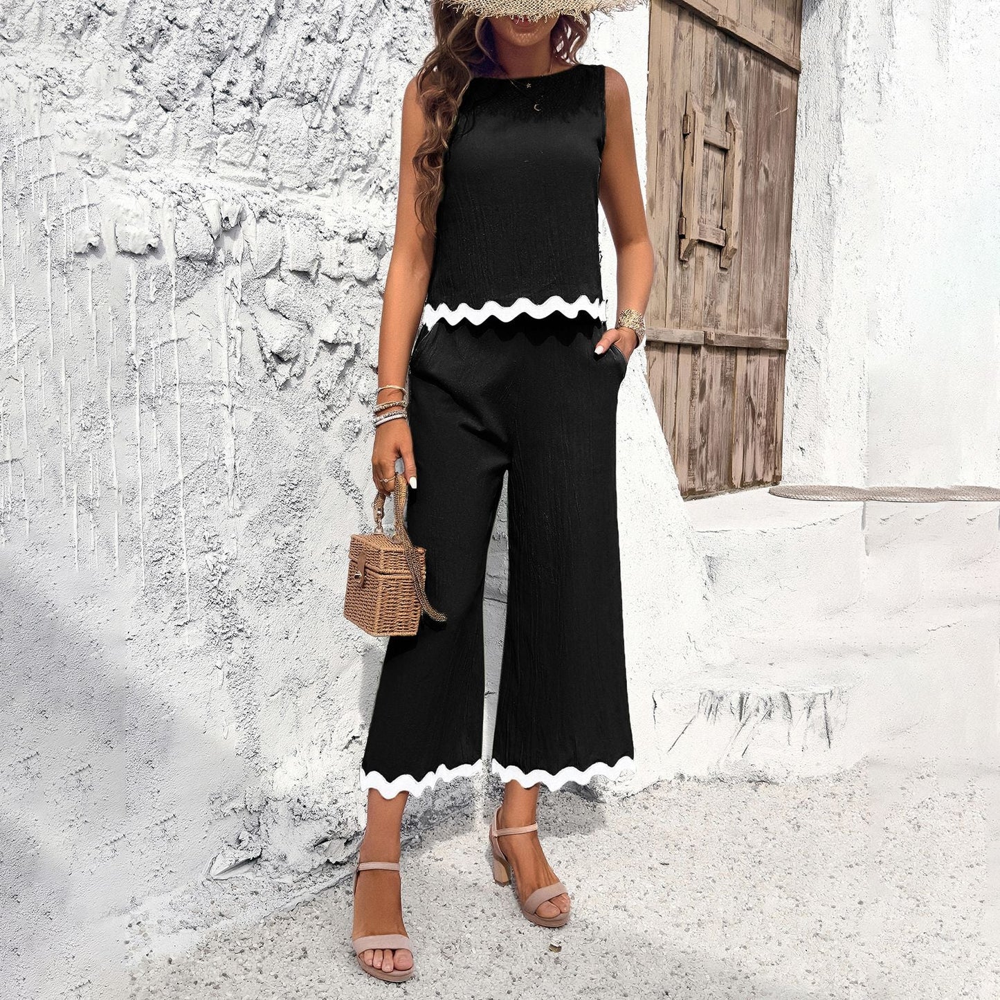Wave Print Sleeveless Top And Straight Trousers