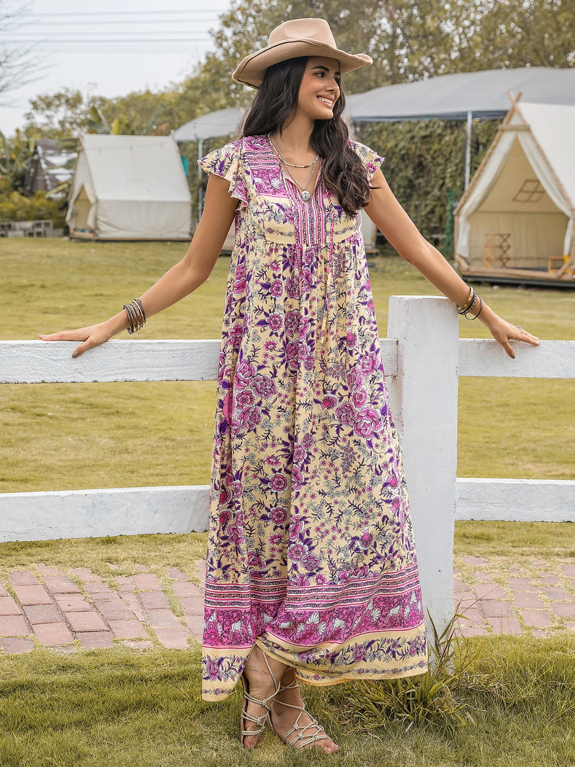 Meadow Bloom Printed Tie Neck Cap Sleeve Dress