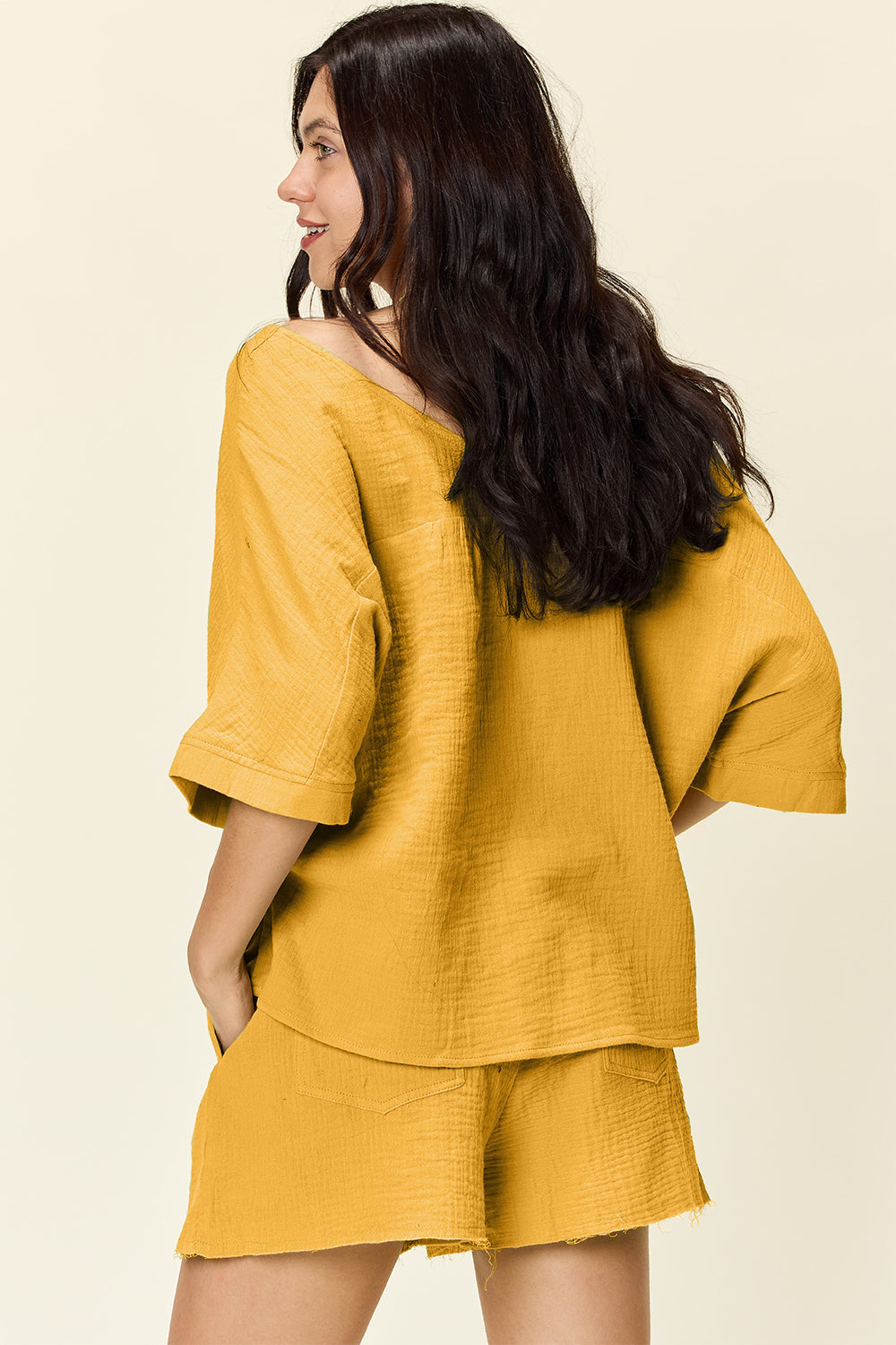 Double Take Texture T-Shirt and Drawstring Shorts Set