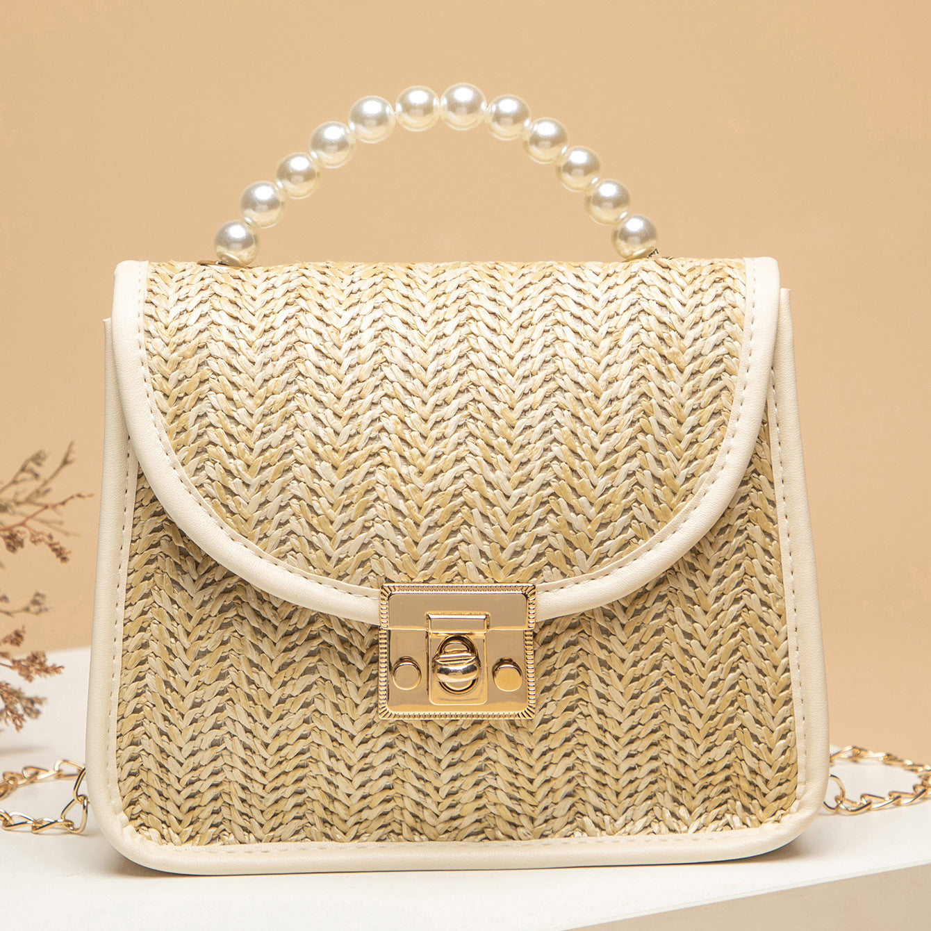Petit Crossbody Vintage Straw Tote Bag with Pearl Handle & Shoulder Strap