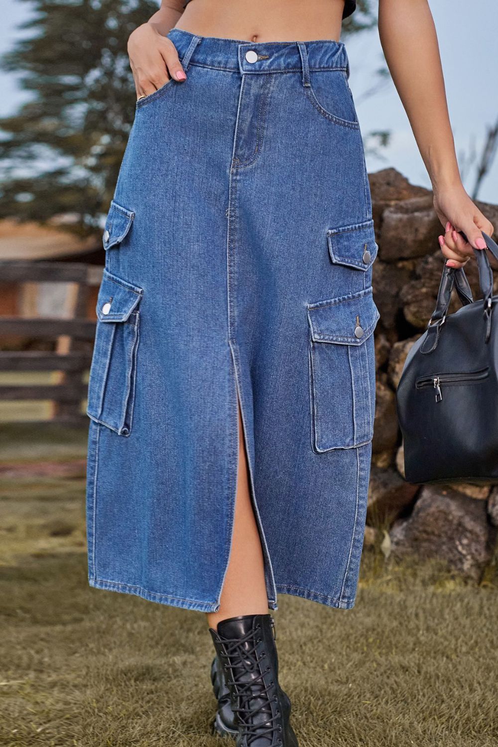 Free Spirit Slit Front Midi Denim Skirt