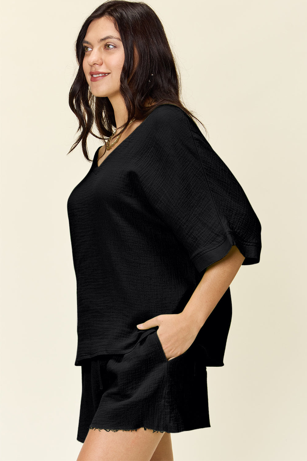 Double Take Texture T-Shirt and Drawstring Shorts Set