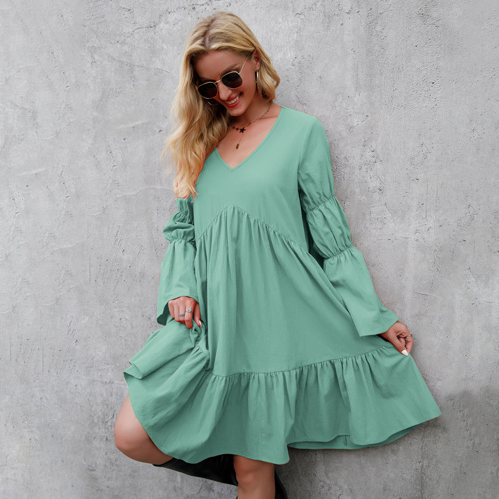 Pretty Swing Ruffle Dress with Puff Long Sleeves