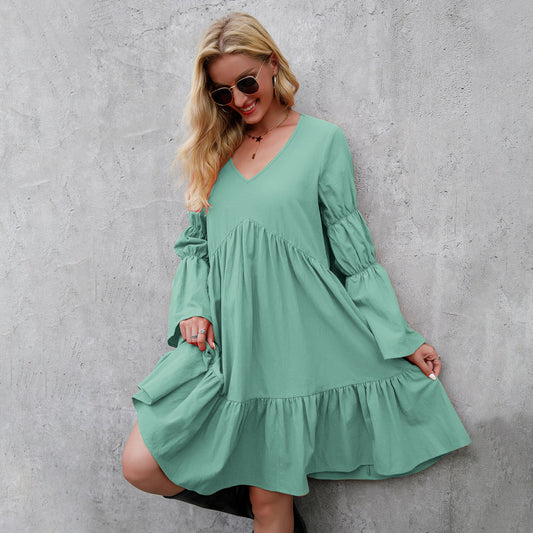 Pretty Swing Ruffle Dress with Puff Long Sleeves