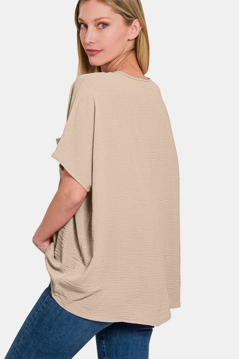 Beige Texture V-Neck Full Top with Short Sleeve Top