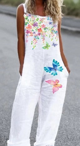 Floral Printed Loose Cotton And Linen Suspenders