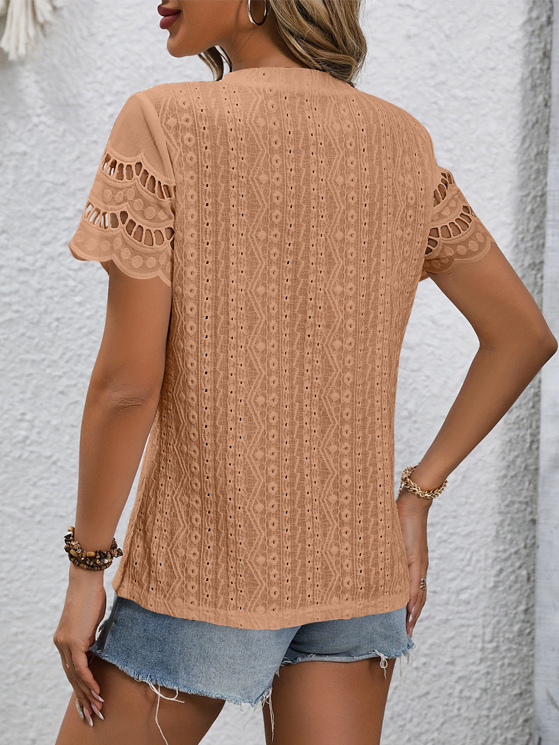 Eyelet Embriodery Round Neck Short Sleeve Top