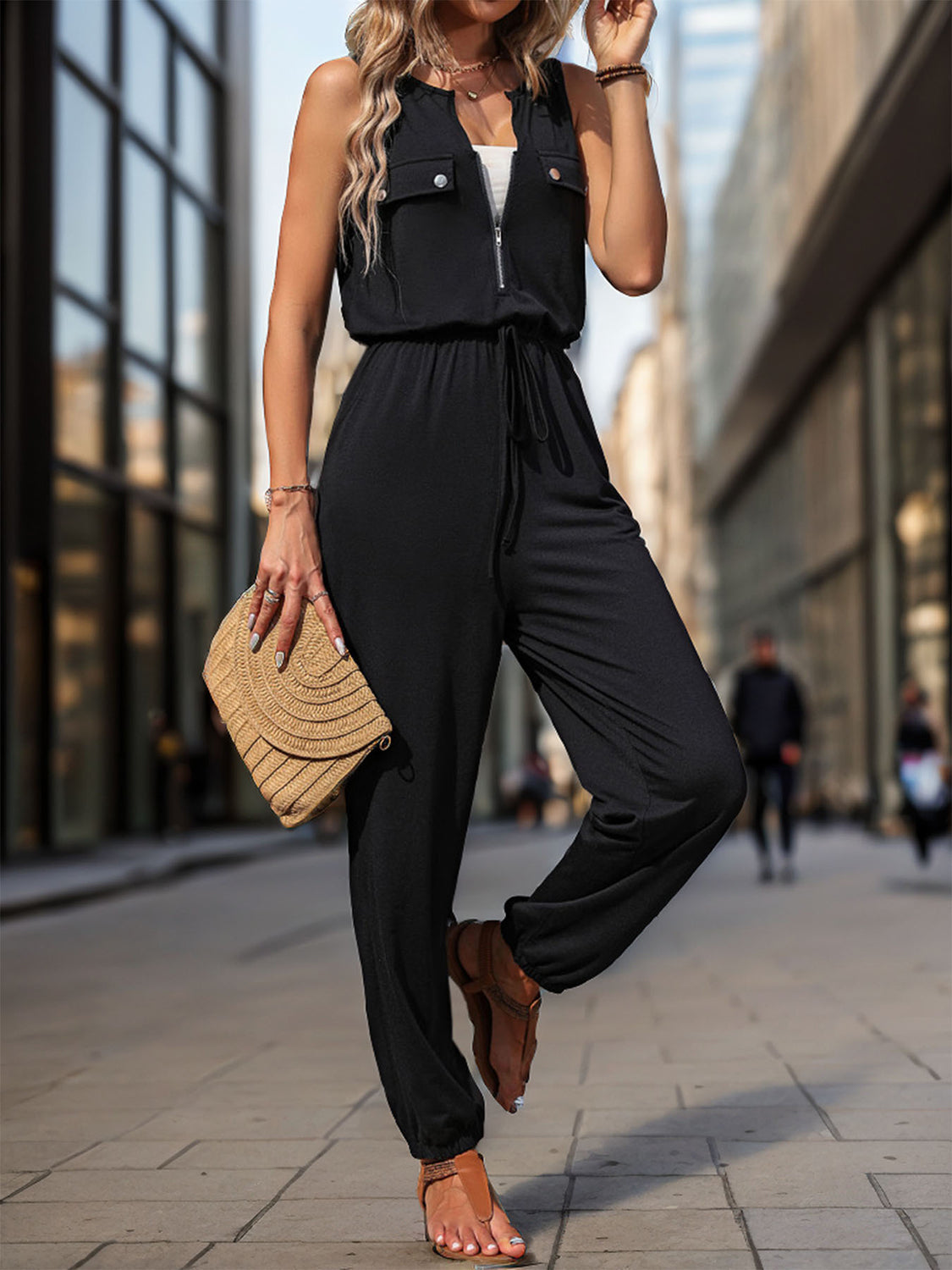 Black Half  Zip Sleeveless Jumpsuit w/ Pockets