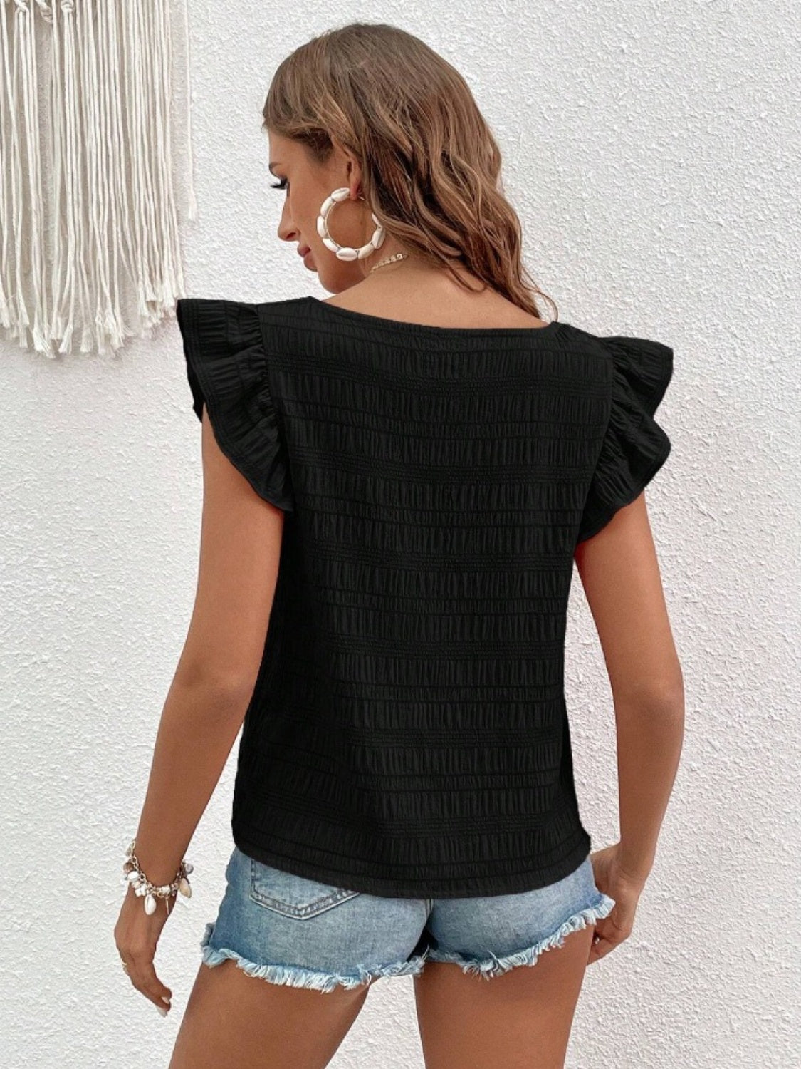 Ruffled Blouse with Square Neck & Cap Sleeve