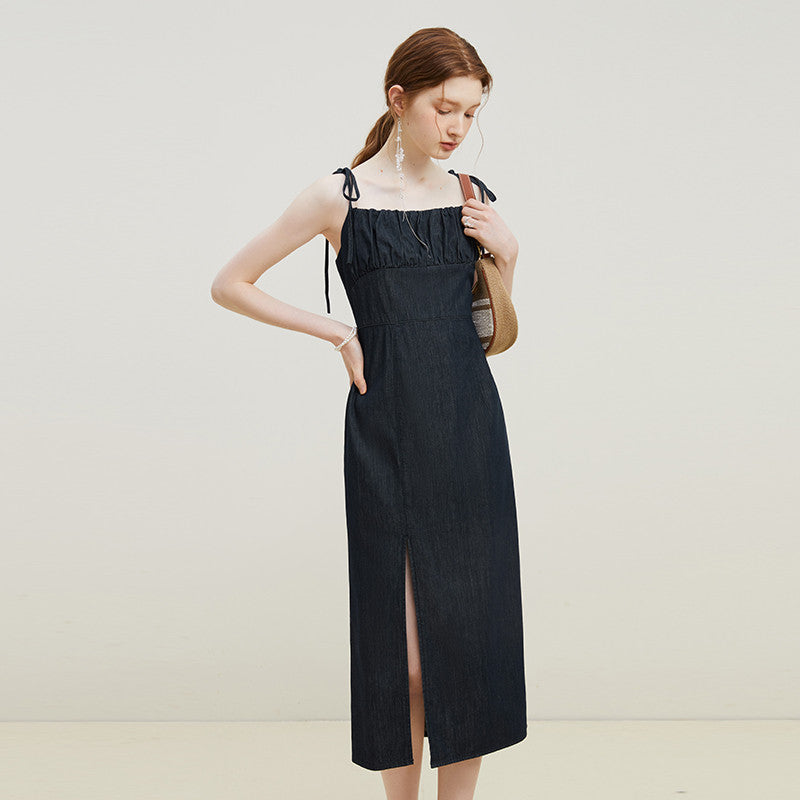 Simply Elegant  Style Denim Strap Dress With Slit Hem