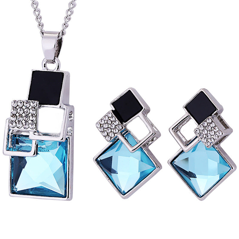 Diamond Square Two-Tone Crystal Two-piece Set  - Earring & Necklace