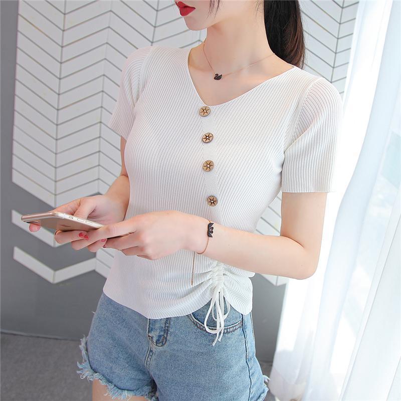 Ice Silk V-neck Short-Sleeved   Blouse