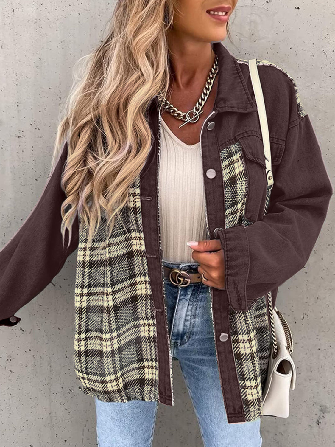Black White Plaid Button Up Dropped Shoulder Denim Jacket