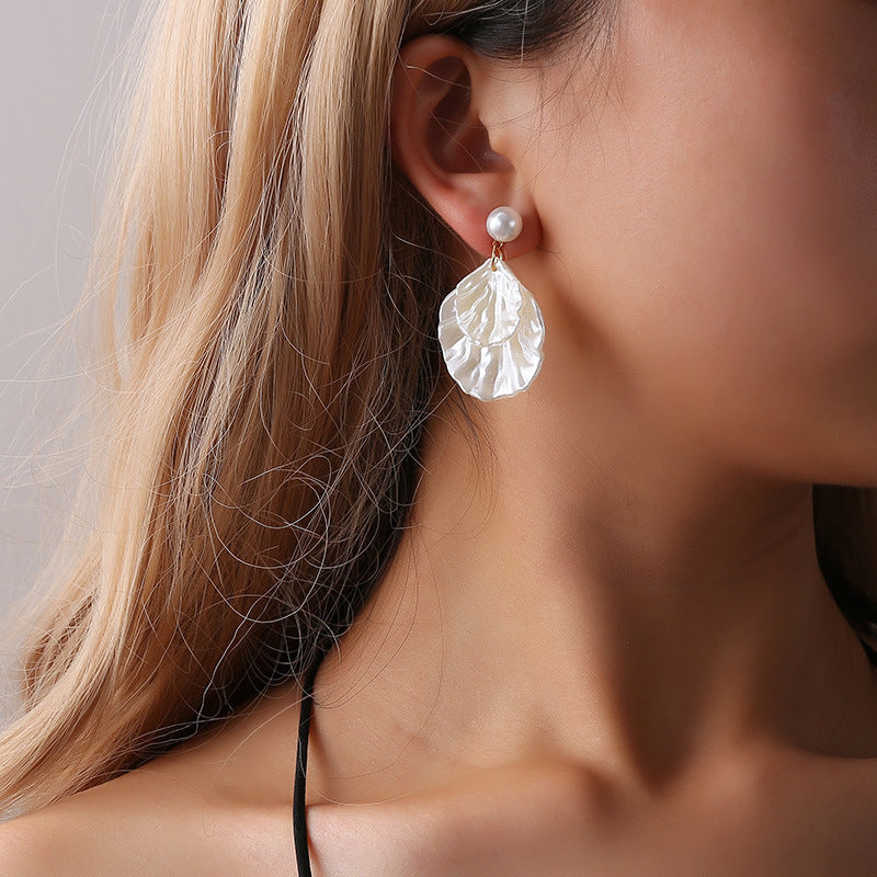 Pearl Seashell  Boho Post Drop Earrings.
