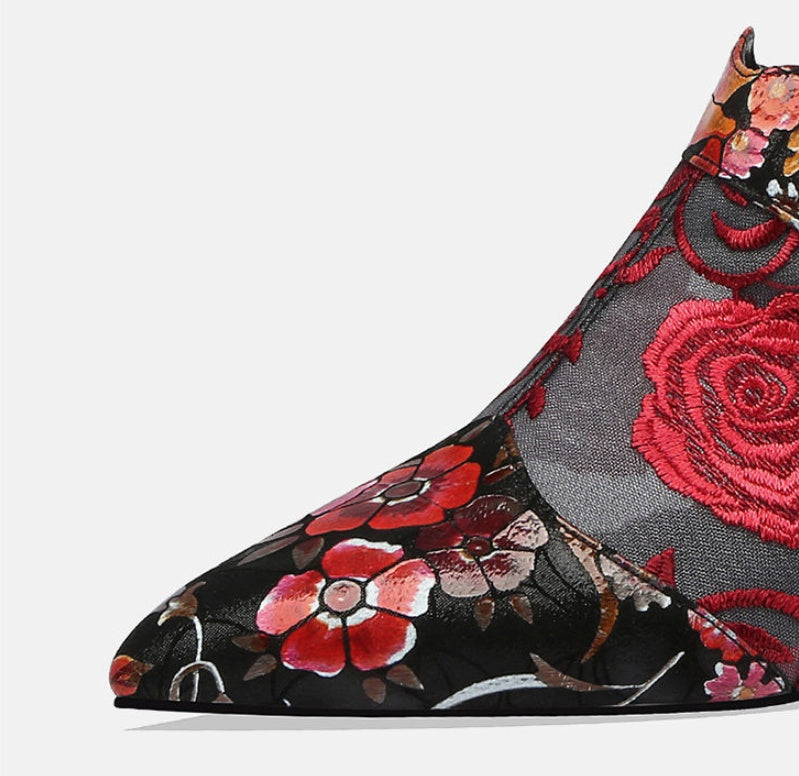 Floral Mesh Embroidery Buckle Strap Block Heel Pumps