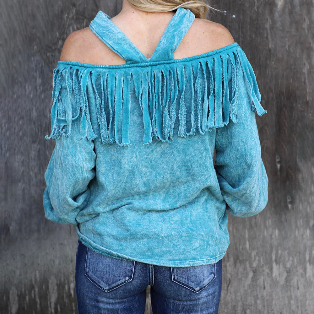 Country Modern Tassels  Off-Shoulder Blouse & Lantern Sleeves